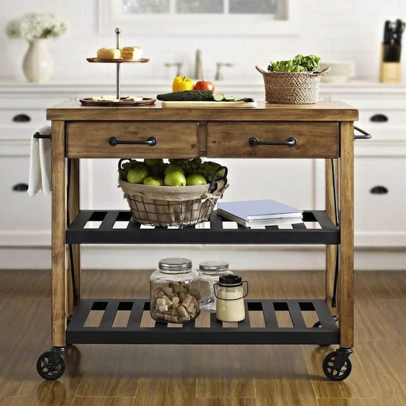 Cart de cocina de cocina de madera contemporánea carro de cocina de metal enrollable con almacenamiento abierto