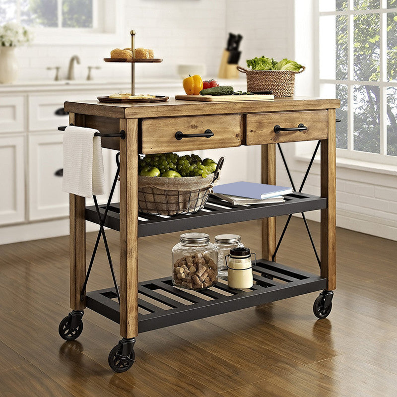 Cart de cocina de cocina de madera contemporánea carro de cocina de metal enrollable con almacenamiento abierto