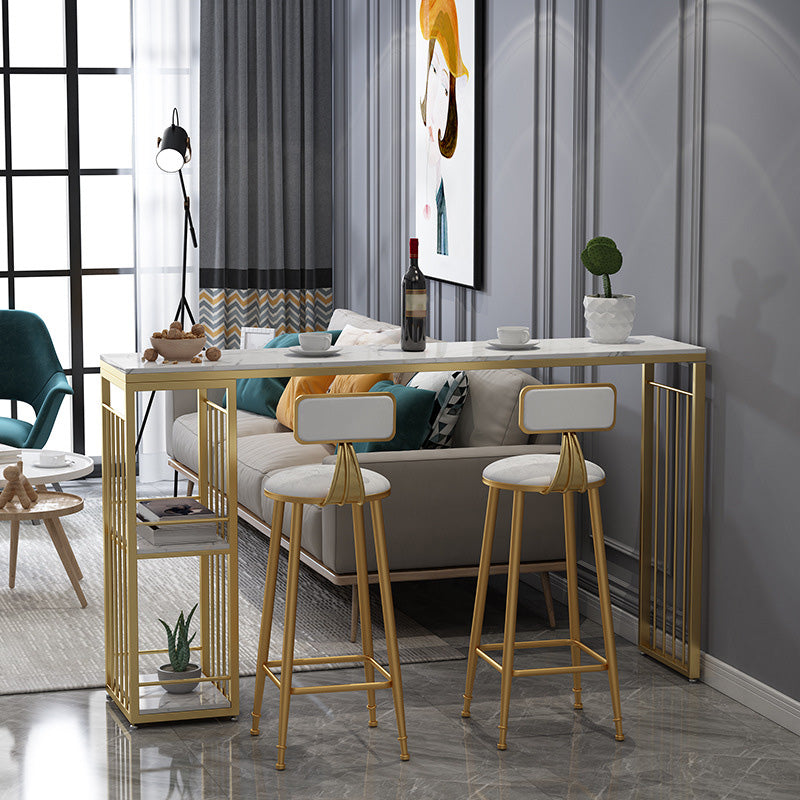 Modern Bar-height Table Stone Bar Table with Gold Base and Storage 63"L x 15.7"W x 41.3"H Without Chairs Clearhalo 'Bar Furniture' 'Bar Tables' 'bar_tables' 'furn' 'furn_bar_tables' 'Furniture' 'Kitchen & Dining Furniture' 6383821