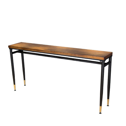 Table à hauteur de bar avec plateau en bois, pieds noirs et base en métal