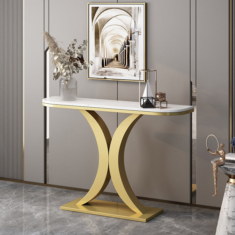 31.5" Tall Console Table 1-shelf Stain Resistant Accent Table for Hall 55"L x 12"W x 31"H White-Gold Half-circle Clearhalo 'Console Tables' 'console_tables' 'Entry & Mudroom Furniture' 'furn' 'furn_console_tables' 'Furniture' 6385162