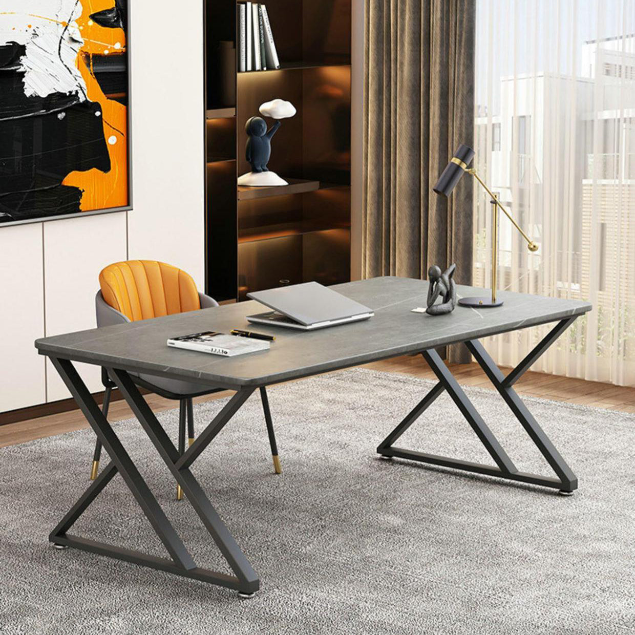 Escritorio de oficina moderno de 1 estante Stone 29.53 "de alto escritorio de escritura con patas de hierro