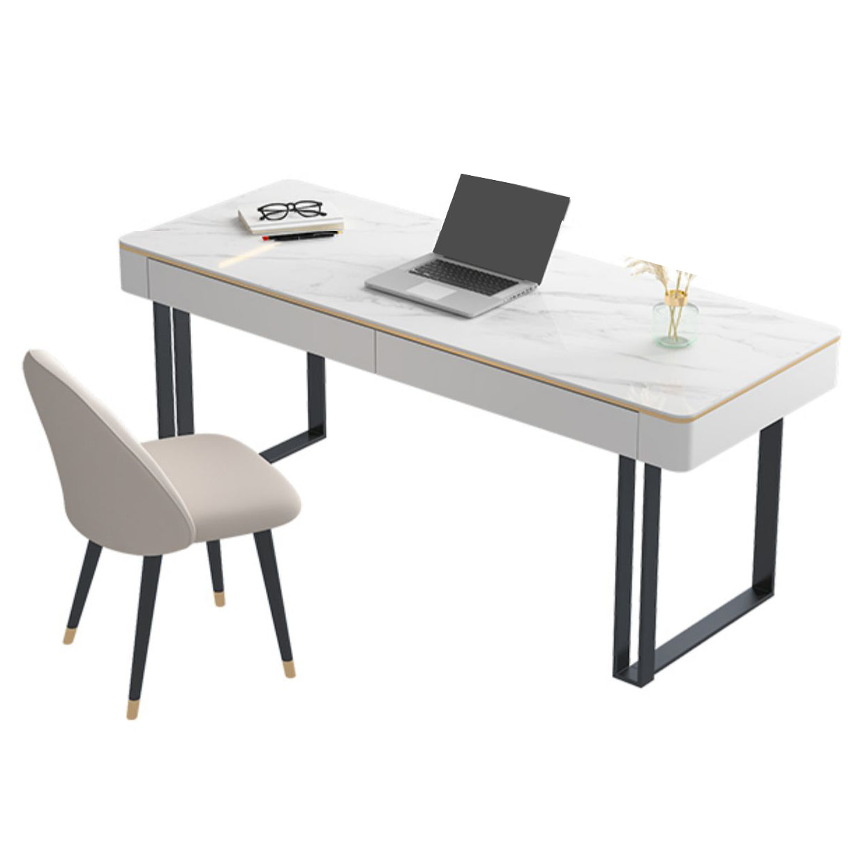 Bureau de bureau glamour antique Ordinateur Courbe courbe avec 2 tiroirs de rangement