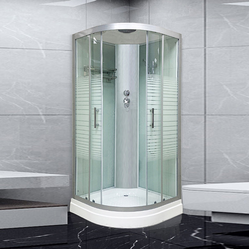 Round Shower Stall Corner Double Sliding Tempered Glass Shower Stall Striped White