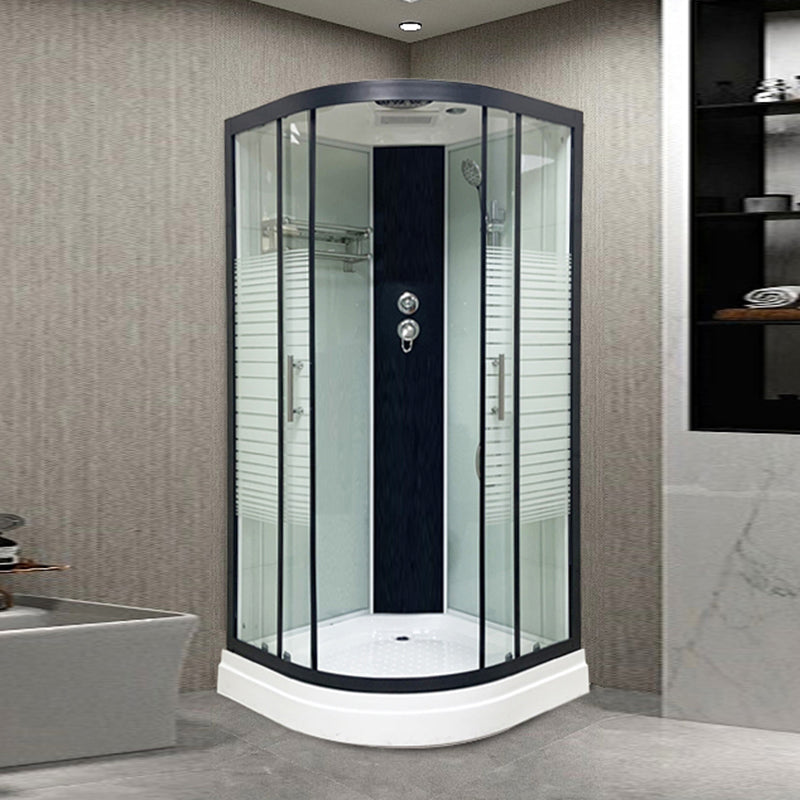 Round Shower Stall Corner Double Sliding Tempered Glass Shower Stall Striped Black