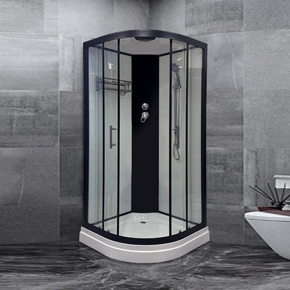 Round Shower Stall Corner Double Sliding Tempered Glass Shower Stall Clear Glass Black