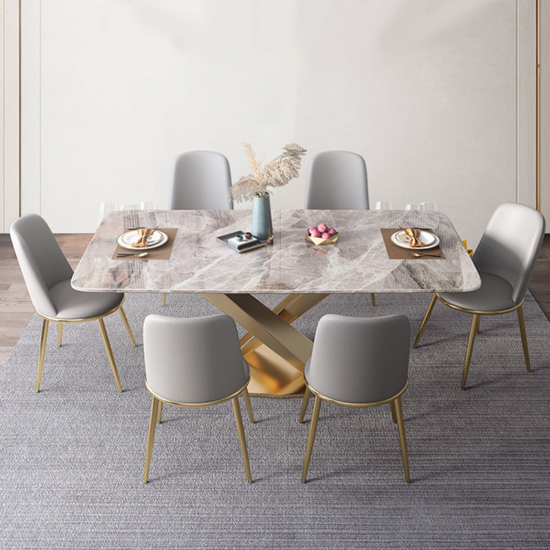 Mesa de comedor rectangular moderna, mesa superior de piedra gris brillante para el hogar