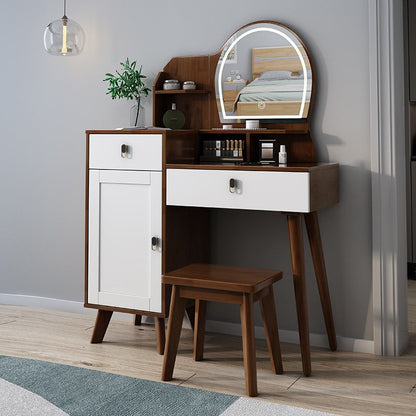 Rubberwood Vanity Set with Stool and Mirror Scandinavian Drawers Dresser Makeup Vanity & Mirror & Stools Walnut White Clearhalo 'Bedroom Furniture' 'furn' 'furn_makeup_vanities' 'Furniture' 'Makeup Vanities' 'makeup_vanities' 6396391
