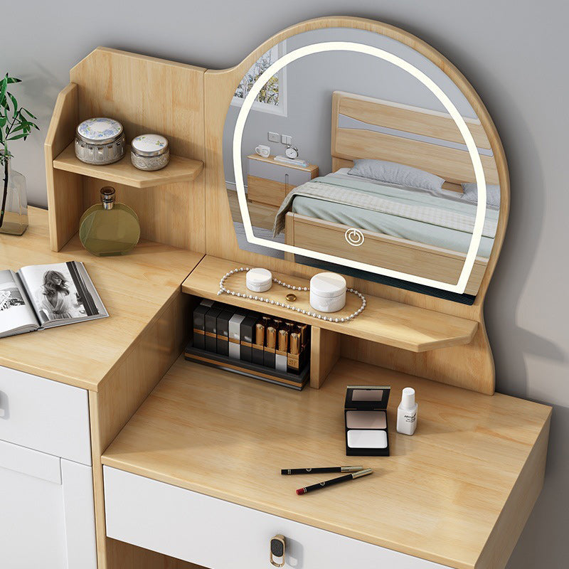 Rubberwood Vanity Set with Stool and Mirror Scandinavian Drawers Dresser Clearhalo 'Bedroom Furniture' 'furn' 'furn_makeup_vanities' 'Furniture' 'Makeup Vanities' 'makeup_vanities' 6396394