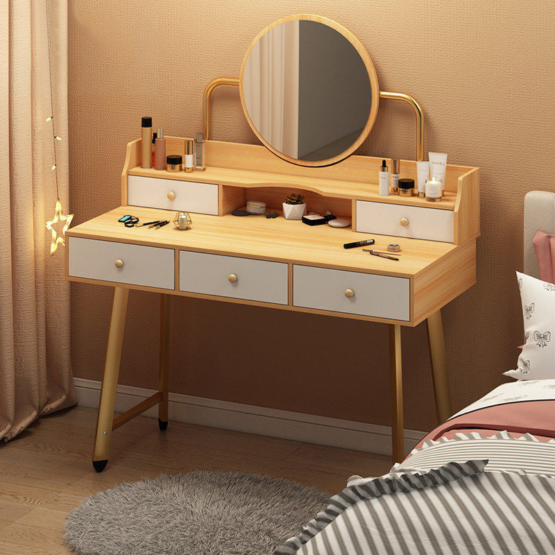 Scandinavian Wooden Dressing Table Mirror Make-up Vanity with Drawers Makeup Vanity & Mirror 39.4"L x 15.7"W x 49.2"H Natural Wood White Clearhalo 'Bedroom Furniture' 'furn' 'furn_makeup_vanities' 'Furniture' 'Makeup Vanities' 'makeup_vanities' 6396449