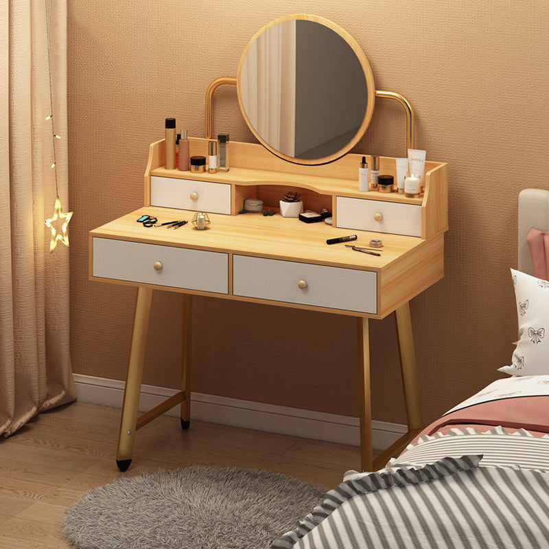 Scandinavian Wooden Dressing Table Mirror Make-up Vanity with Drawers Makeup Vanity & Mirror 31.5"L x 16"W x 49"H Natural Wood White Clearhalo 'Bedroom Furniture' 'furn' 'furn_makeup_vanities' 'Furniture' 'Makeup Vanities' 'makeup_vanities' 6396455