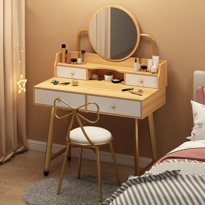 Scandinavian Wooden Dressing Table Mirror Make-up Vanity with Drawers Makeup Vanity & Mirror & Stools 31.5"L x 16"W x 49"H Natural Wood White Clearhalo 'Bedroom Furniture' 'furn' 'furn_makeup_vanities' 'Furniture' 'Makeup Vanities' 'makeup_vanities' 6396456