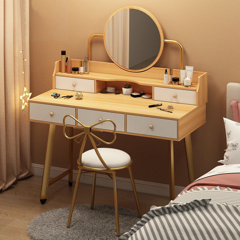 Scandinavian Wooden Dressing Table Mirror Make-up Vanity with Drawers Makeup Vanity & Mirror & Stools 39.4"L x 15.7"W x 49.2"H Natural Wood White Clearhalo 'Bedroom Furniture' 'furn' 'furn_makeup_vanities' 'Furniture' 'Makeup Vanities' 'makeup_vanities' 6396460