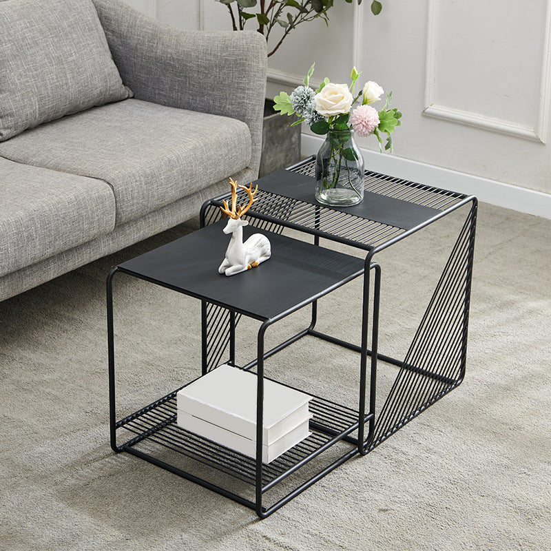 Mid-Century Modern 1/2-Piece Coffee Table in Square Iron Cocktail Table