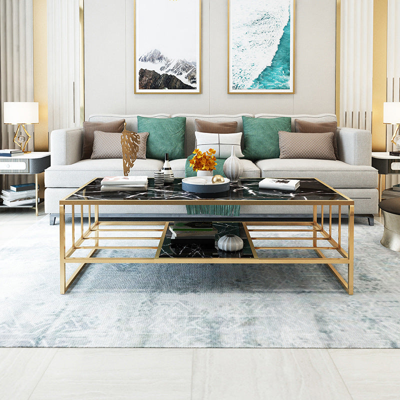 Glam Rectangle Coffee Table with Golden Sled Base and Storage Shelf Clearhalo 'Coffee & Accent Tables' 'Coffee Tables' 'coffee_tables' 'furn' 'furn_coffee_tables' 'Furniture' 'Living Room Furniture' 6396650