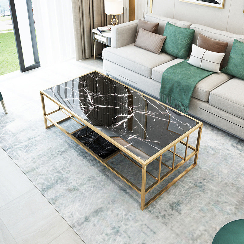 Glam Rectangle Coffee Table with Golden Sled Base and Storage Shelf Clearhalo 'Coffee & Accent Tables' 'Coffee Tables' 'coffee_tables' 'furn' 'furn_coffee_tables' 'Furniture' 'Living Room Furniture' 6396651