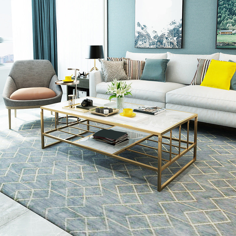Glam Rectangle Coffee Table with Golden Sled Base and Storage Shelf Clearhalo 'Coffee & Accent Tables' 'Coffee Tables' 'coffee_tables' 'furn' 'furn_coffee_tables' 'Furniture' 'Living Room Furniture' 6396652