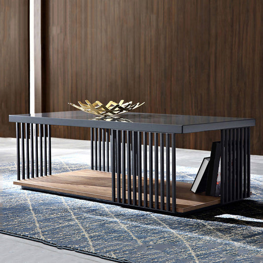 Tavolo da cocktail di ferro rettangolare in ferro e legno con deposito