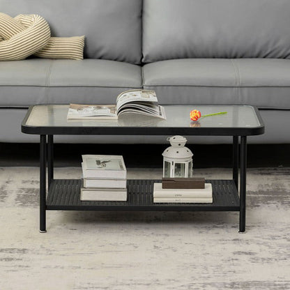 Glass Top Coffee Table 4 Legs Coffee Cocktail Table with Shelf