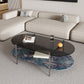 15.74" H Oval Glass Coffee Table Stainless Steel Sled Cocktail Table with Shelf