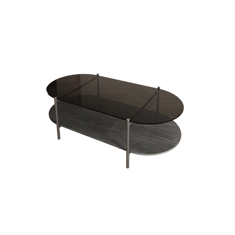 15.74" H Oval Glass Coffee Table Stainless Steel Sled Cocktail Table with Shelf