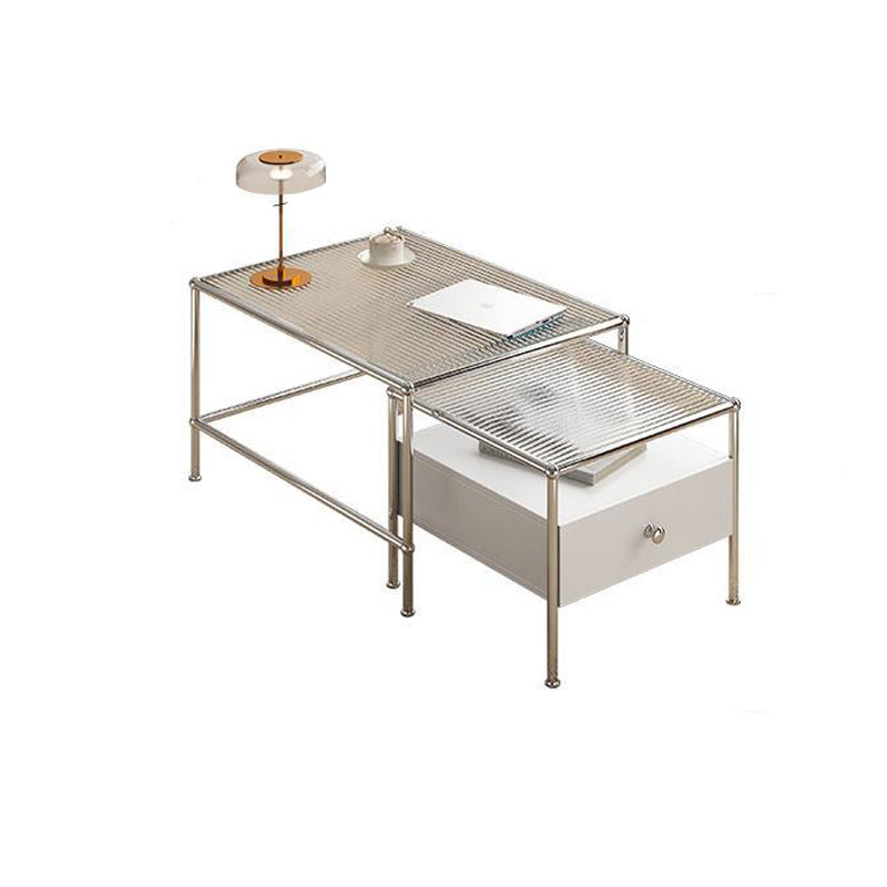 Modern 2 Nesting Glass Coffee Table Set Steel 4 Legs 1 - Drawer Cocktail Table 31"L x 24"W x 18"H + 20"L x 20"W x 16"H Clear Clearhalo 'Coffee & Accent Tables' 'Coffee Tables' 'coffee_tables' 'furn' 'furn_coffee_tables' 'Furniture' 'Living Room Furniture' 6396825