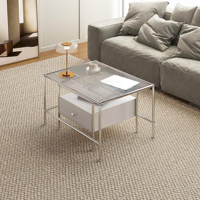 Modern 2 Nesting Glass Coffee Table Set Steel 4 Legs 1 - Drawer Cocktail Table Clearhalo 'Coffee & Accent Tables' 'Coffee Tables' 'coffee_tables' 'furn' 'furn_coffee_tables' 'Furniture' 'Living Room Furniture' 6396827