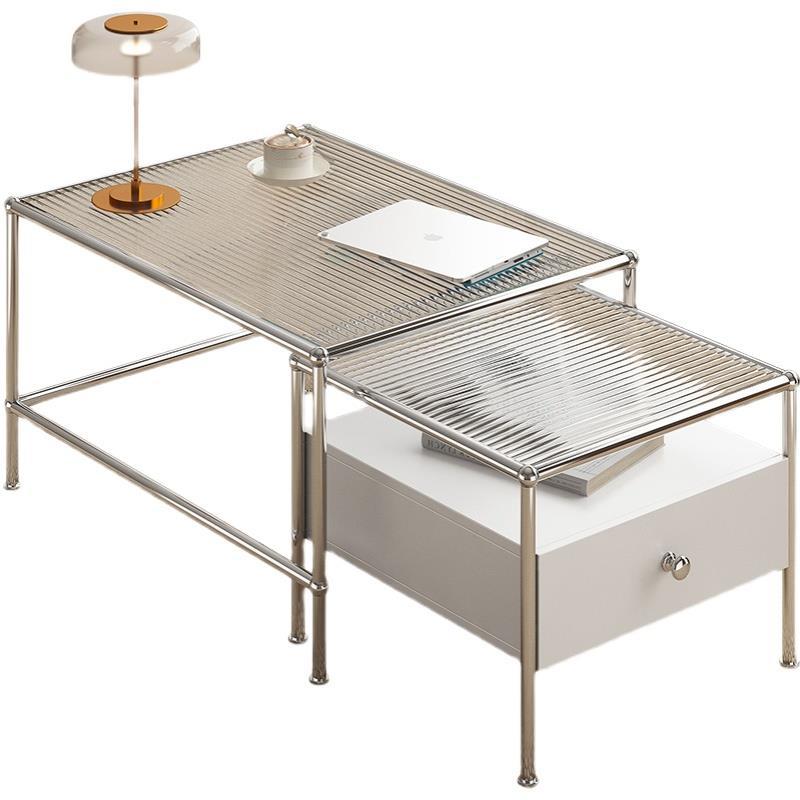 Modern 2 Nesting Glass Coffee Table Set Steel 4 Legs 1 - Drawer Cocktail Table Clearhalo 'Coffee & Accent Tables' 'Coffee Tables' 'coffee_tables' 'furn' 'furn_coffee_tables' 'Furniture' 'Living Room Furniture' 6396832