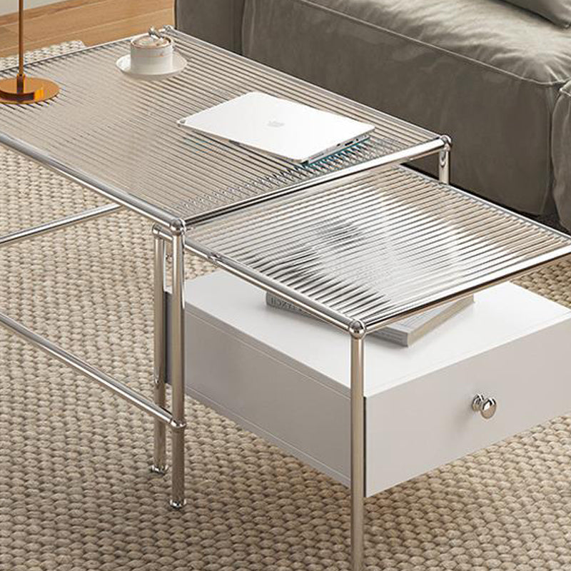 Modern 2 Nesting Glass Coffee Table Set Steel 4 Legs 1 - Drawer Cocktail Table Clearhalo 'Coffee & Accent Tables' 'Coffee Tables' 'coffee_tables' 'furn' 'furn_coffee_tables' 'Furniture' 'Living Room Furniture' 6396837