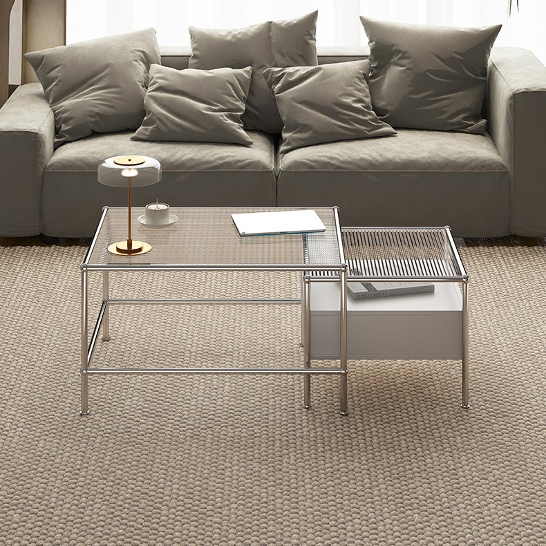 Modern 2 Nesting Glass Coffee Table Set Steel 4 Legs 1 - Drawer Cocktail Table Clearhalo 'Coffee & Accent Tables' 'Coffee Tables' 'coffee_tables' 'furn' 'furn_coffee_tables' 'Furniture' 'Living Room Furniture' 6396838