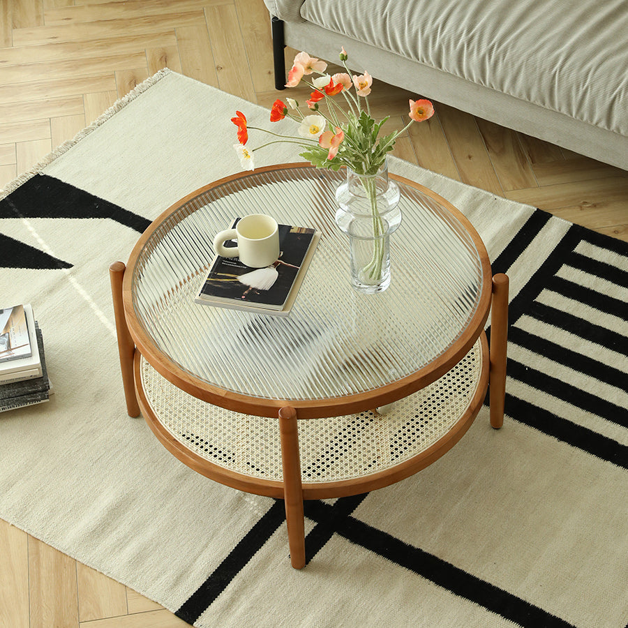 Round Glass/ Wood Top Coffee Table 4 Legs Cocktail Table with Shelf Clearhalo 'Coffee & Accent Tables' 'Coffee Tables' 'coffee_tables' 'furn' 'furn_coffee_tables' 'Furniture' 'Living Room Furniture' 6396881