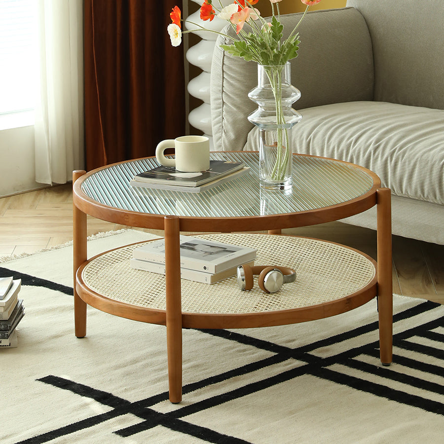 Round Glass/ Wood Top Coffee Table 4 Legs Cocktail Table with Shelf Clearhalo 'Coffee & Accent Tables' 'Coffee Tables' 'coffee_tables' 'furn' 'furn_coffee_tables' 'Furniture' 'Living Room Furniture' 6396882