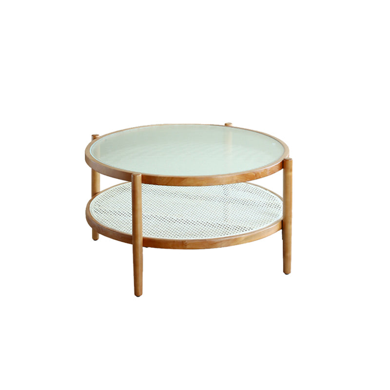 Round Glass/ Wood Top Coffee Table 4 Legs Cocktail Table with Shelf 31.5"L x 31.5"W x 17.7"H Glass Clearhalo 'Coffee & Accent Tables' 'Coffee Tables' 'coffee_tables' 'furn' 'furn_coffee_tables' 'Furniture' 'Living Room Furniture' 6396883