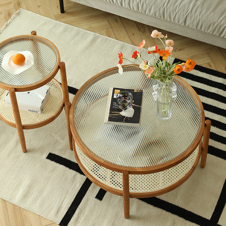 Round Glass/ Wood Top Coffee Table 4 Legs Cocktail Table with Shelf Clearhalo 'Coffee & Accent Tables' 'Coffee Tables' 'coffee_tables' 'furn' 'furn_coffee_tables' 'Furniture' 'Living Room Furniture' 6396890