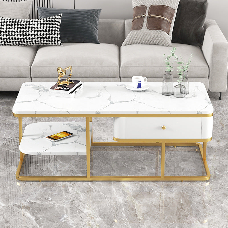 Glam Rectangle Cocktail Table with Marble Top and 1 Drawer and 1 Shelf White Clearhalo 'Coffee & Accent Tables' 'Coffee Tables' 'coffee_tables' 'furn' 'furn_coffee_tables' 'Furniture' 'Living Room Furniture' 6396895