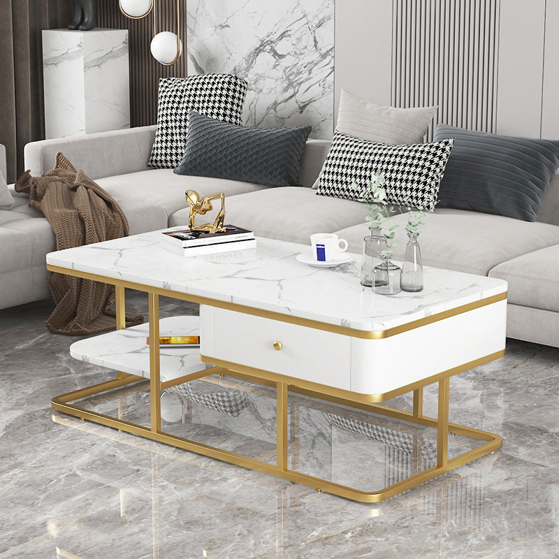 Glam Rectangle Cocktail Table with Marble Top and 1 Drawer and 1 Shelf Clearhalo 'Coffee & Accent Tables' 'Coffee Tables' 'coffee_tables' 'furn' 'furn_coffee_tables' 'Furniture' 'Living Room Furniture' 6396897