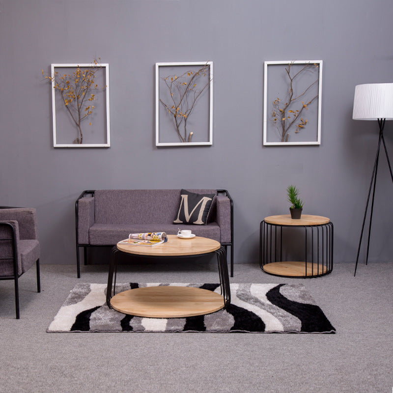 Round Solid Wood Coffee Table Drum Coffee Cocktail Table with Floor Shelf