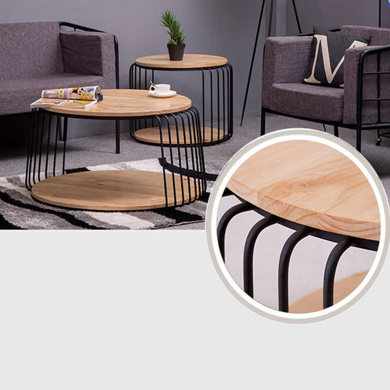 Round Solid Wood Coffee Table Drum Coffee Cocktail Table with Floor Shelf