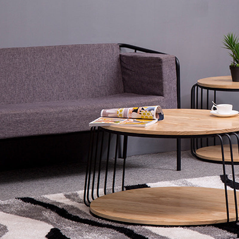 Round Solid Wood Coffee Table Drum Coffee Cocktail Table with Floor Shelf