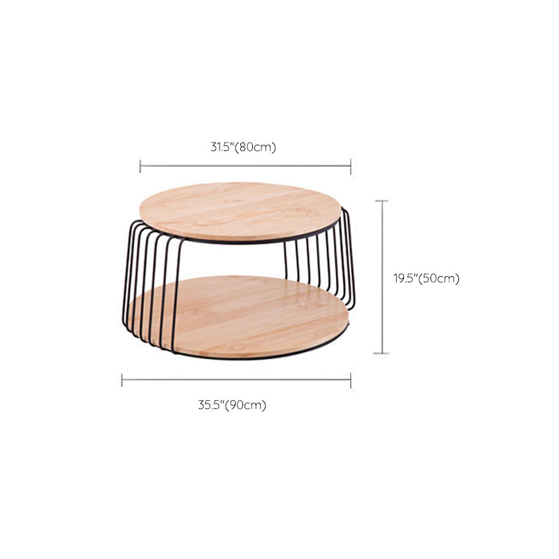 Round Solid Wood Coffee Table Drum Coffee Cocktail Table with Floor Shelf