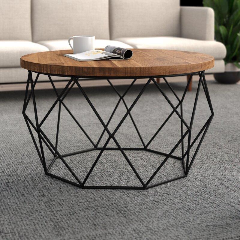 17.7" H Wood Round Top Coffee Table, Metal Frame Base Cocktail Table Clearhalo 'Coffee & Accent Tables' 'Coffee Tables' 'coffee_tables' 'furn' 'furn_coffee_tables' 'Furniture' 'Living Room Furniture' 6396969