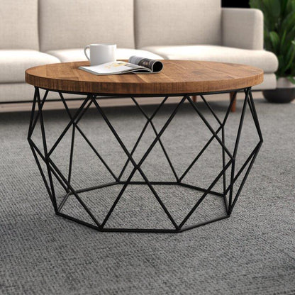 17.7" H Wood Round Top Coffee Table, Metal Frame Base Cocktail Table Clearhalo 'Coffee & Accent Tables' 'Coffee Tables' 'coffee_tables' 'furn' 'furn_coffee_tables' 'Furniture' 'Living Room Furniture' 6396969