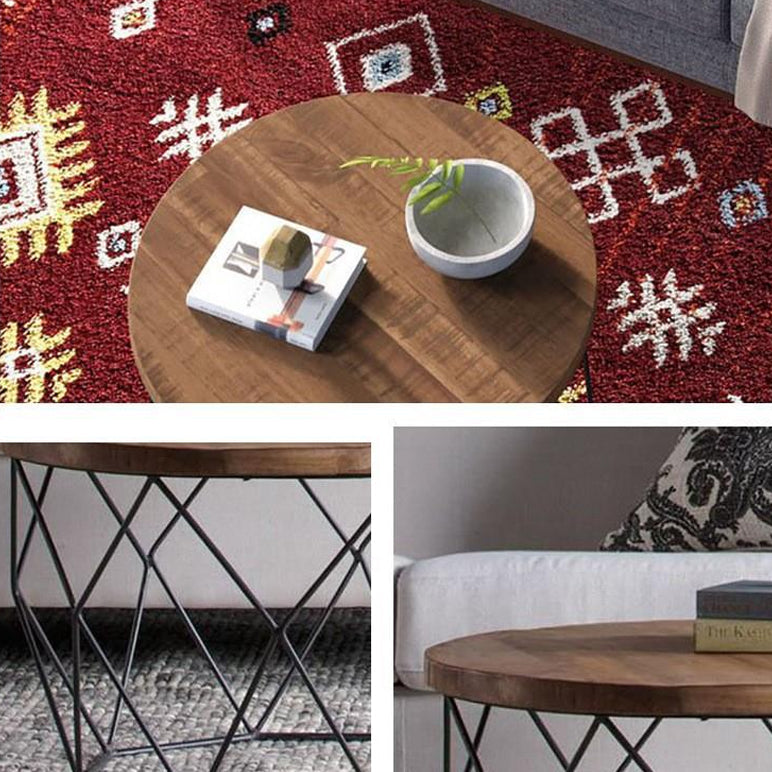 17.7" H Wood Round Top Coffee Table, Metal Frame Base Cocktail Table Clearhalo 'Coffee & Accent Tables' 'Coffee Tables' 'coffee_tables' 'furn' 'furn_coffee_tables' 'Furniture' 'Living Room Furniture' 6396975
