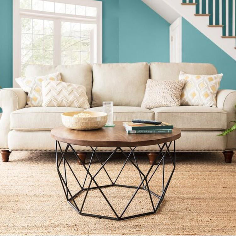 17.7" H Wood Round Top Coffee Table, Metal Frame Base Cocktail Table Clearhalo 'Coffee & Accent Tables' 'Coffee Tables' 'coffee_tables' 'furn' 'furn_coffee_tables' 'Furniture' 'Living Room Furniture' 6396977