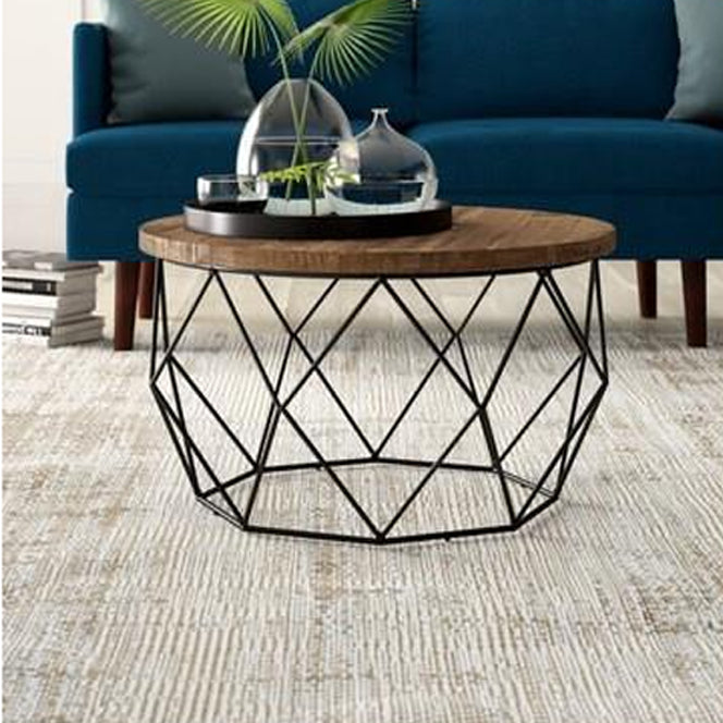 17.7" H Wood Round Top Coffee Table, Metal Frame Base Cocktail Table Clearhalo 'Coffee & Accent Tables' 'Coffee Tables' 'coffee_tables' 'furn' 'furn_coffee_tables' 'Furniture' 'Living Room Furniture' 6396979