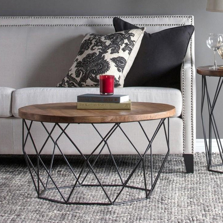17.7" H Wood Round Top Coffee Table, Metal Frame Base Cocktail Table Clearhalo 'Coffee & Accent Tables' 'Coffee Tables' 'coffee_tables' 'furn' 'furn_coffee_tables' 'Furniture' 'Living Room Furniture' 6396980