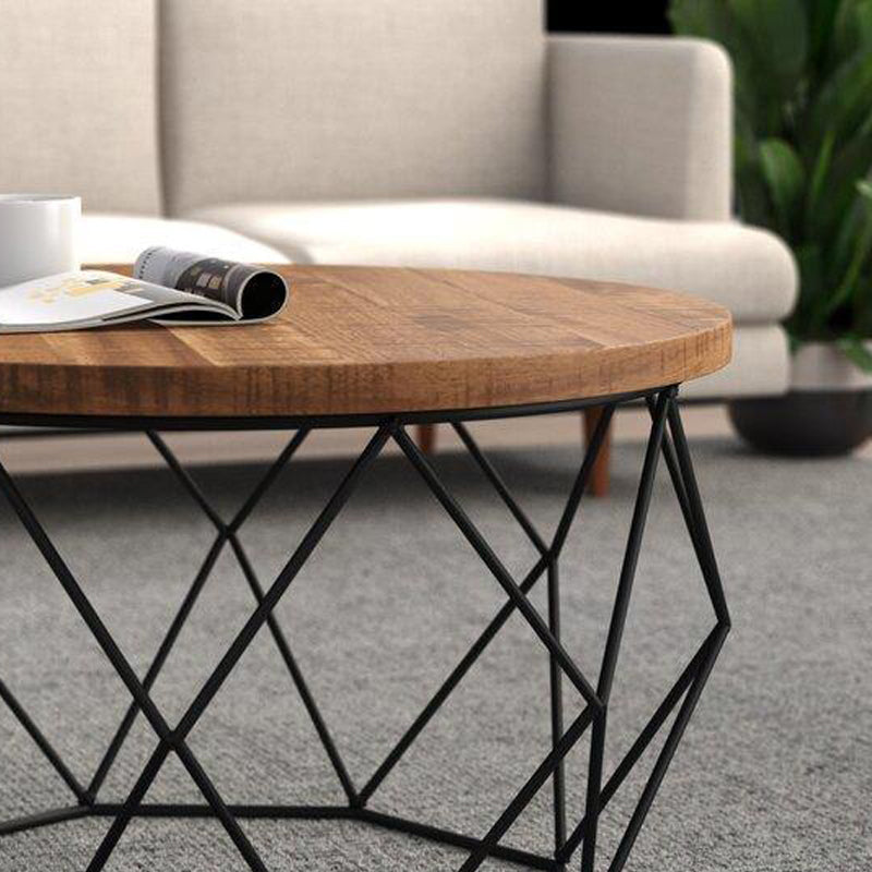 17.7" H Wood Round Top Coffee Table, Metal Frame Base Cocktail Table Clearhalo 'Coffee & Accent Tables' 'Coffee Tables' 'coffee_tables' 'furn' 'furn_coffee_tables' 'Furniture' 'Living Room Furniture' 6396981