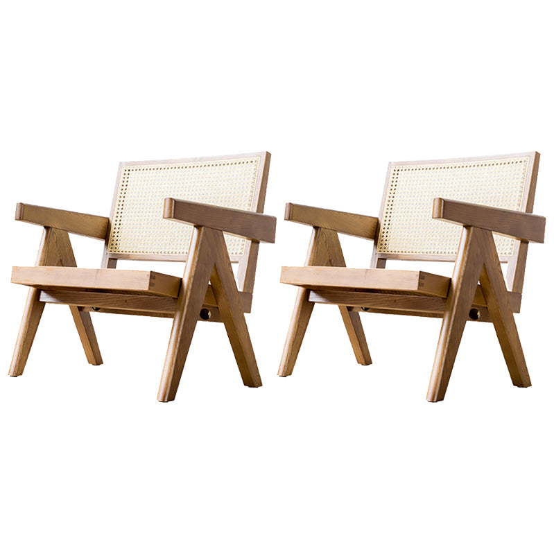 Woven Back Lounge Chair Solid Wood Arms Included Chair with Cushion Wicker Rattan 2 Piece Set Walnut Clearhalo 'Accent Chairs' 'accent_chairs' 'Chairs & Seating' 'furn' 'furn_accent_chairs' 'Furniture' 'Living Room Furniture' 6397240