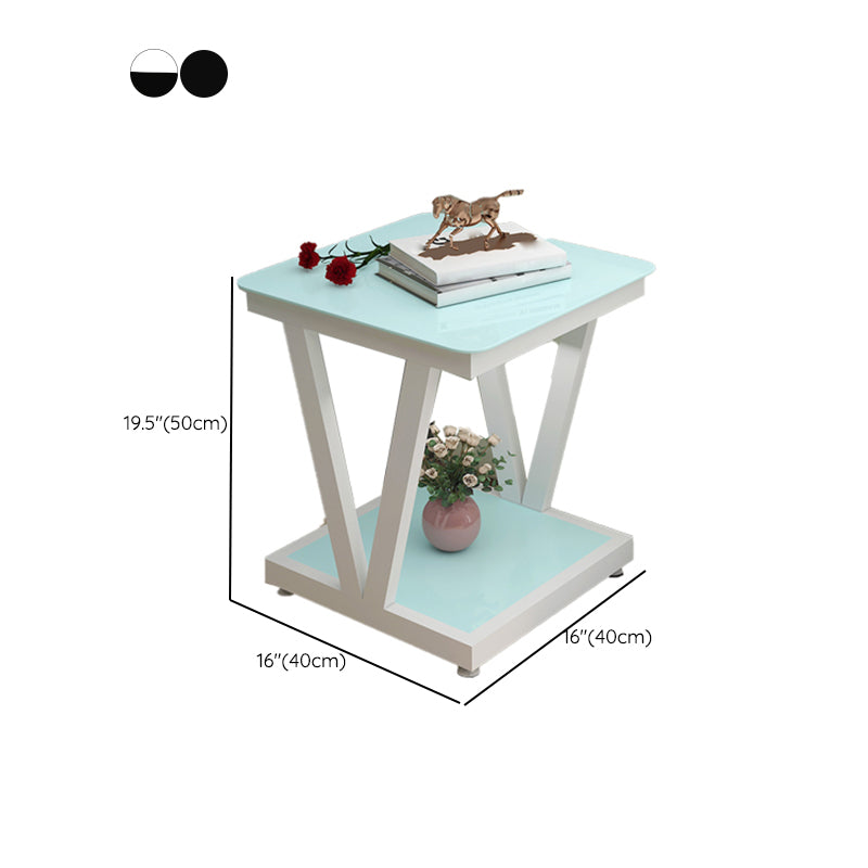 モダン23.22 "背の高いスクエアガラス上部サイドテーブルスチール架台ベースエンドテーブル付き棚付き