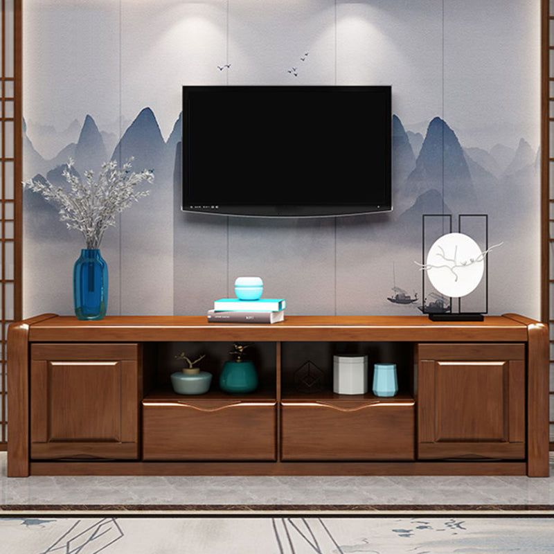 Support multimédia TV traditionnel en bois d'hévéa, étagère ouverte, console avec tiroirs